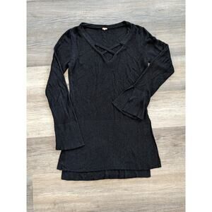 Free People Knit WATERFALL Criss-Cross Bell Sleeve V-Neck Tunic Sweater Top Sz S